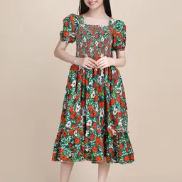 Pinly Floral Puff Sleeve Crepe Fit & Flare Midi Dress-picture-35