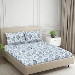 Welspun Grey & Blue Floral 120 TC Queen Bedsheet with 2 Pillow Covers-picture-42