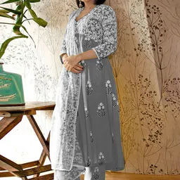 GoSriKi Women Ethnic Motifs Printed Regular Thread Work Kurta with Palazzos & With Dupatta image 4