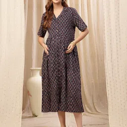 House Of Zelena Women Floral Printed Maternity Fit & Flare Midi Dress-picture-37