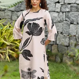 QISSA Floral Printed Linen Straight Kurta with Trousers-image-83