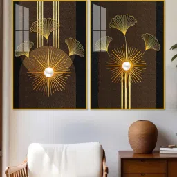 vibecrafts Abstract Golden Ginkgo Leaf Acrylic Art Framed Art Panel (Set Of 2) image 1