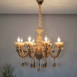 kapoor lampshades Raphael 8 Arm Ceiling Chandelier In Amber & Clear Finish With Clear Glass Crystal Drops & Trim image 5