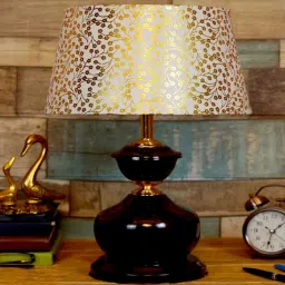 foziq Brown Metal & Cotton Beige & Gold Colour Table Lamp image 2