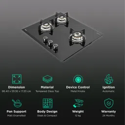 KAFF VRH 603 Tempered Glass Top 3 Burner Automatic Hob (Matte Enamelled Pan Support, Black) image 3