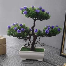 foliyaj Plastic Green Bushy Leaves & Dark Purple Roses With 3 Headed Bonsai Tree With Pot Artificial Plants-picture-33