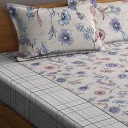 chui mui Cream Floral 300 TC Cotton Queen Sized Fitted Bed Sheets with 2 Pillow Covers image 4