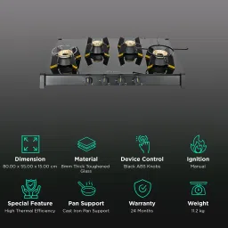 FABER GENIUS 804 AI Toughened Glass Top 4 Burner Manual Hob (Cast Iron Pan Support, Black) image 3