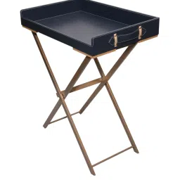 casagold Precioso Leather Foldable End Table In Ink Blue Finish With Serving Tray image 3