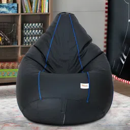 sattva Classic XXL Bean Bag with Beans in Black Colour with Royal Blue Piping image 1