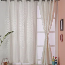 White Geometric Silk 5 Ft Light Filtering Eyelet Window Curtain by Soumya image 2