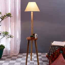 new era Classic Wooden Floor Lamp with Cotton Shade (Natural & off-white) image 1
