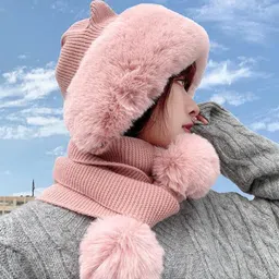 topibaaz Women Winter Hat Scarf for Girls Cute Fur Woolen Warm Hooded Bear Design Beanie Cap image 2