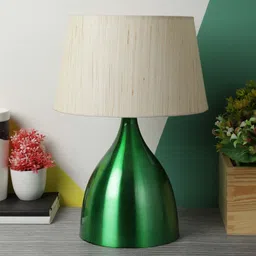 White Fabric Shade Table Lamp with Green Base by Foziq image 2