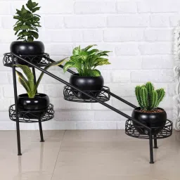 homesake 4 Tier Ladder Black Metal Planter Stand with 4 Racks & Pots image 1