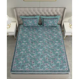 patricko Green Floral 300 TC Cotton Double King Sized Bedsheet With 2 Pillow Covers image 3