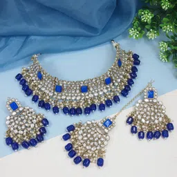 I Jewels Gold-Plated Kundan & Pearl Beaded Jewellery Set-picture-36