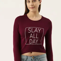 Campus Sutra Women Burgundy & White Printed Round Neck Crop T-shirt-image-45