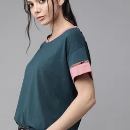 The Roadster Lifestyle Co Women Teal Blue Solid Ladder Lace Cotton T-shirt-image-56