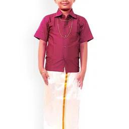 Thala-thalapathy Boys Pink Solid Shirt with Veshti & Gift Set-picture-11
