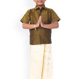 Thala-thalapathy Boys Olive Green Solid Solid Shirt with Veshti & Gift Set-picture-51