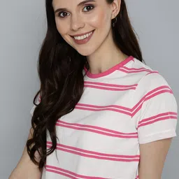 Mast & Harbour Women White & Pink Striped T-shirt-image-44