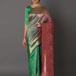 Mitera Green & Pink Silk Blend Woven Design Kanjeevaram Saree-picture-13