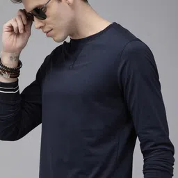 Roadster Men Navy Blue Solid Round Neck Pure Cotton T-shirt-image-64