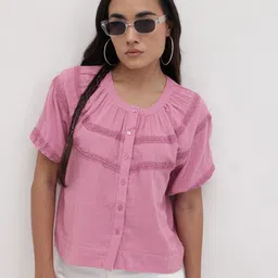 The Roadster Life Co. Lace Insert Detail Puff Sleeves Pure Cotton Shirt Style Top-picture-35