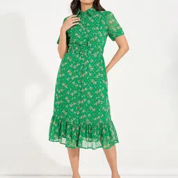 Styli Green Floral Printed Puff Sleeve Shirt Midi Dress With Belt-image-3