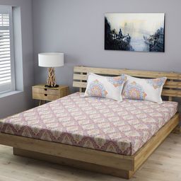 ROMEE Beige Ethnic Motifs Fitted Flat 210 TC Cotton Double Bedsheet with 2 Pillow Covers-picture-34