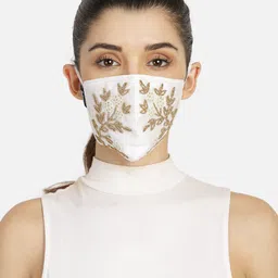 Anekaant Women White & Gold-Toned Art Silk Embellished 3-Ply Reusable Cloth Mask-image-84