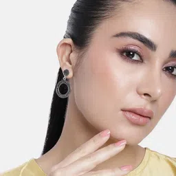 Estele Rhodium-Plated Oxidised Circular Drop Earrings-picture-35