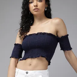 Roadster Off-Shoulder Smocked Crepe Crop Top-picture-31
