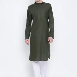 NAMASKAR Men Olive Green Solid Straight Kurta-image-90