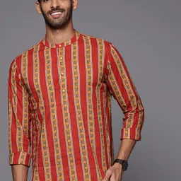 Indo Era Men Red & Yellow Pure Cotton Striped Floral Printed Kurta-picture-32