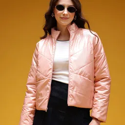 HERE&NOW Mock Collar Metallic Finish Padded Jacket-picture-11