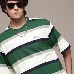 The Roadster Lifestyle Co. Horizontally Striped Drop-Shoulder Sleeves Relaxed Fit T-shirt-picture-54