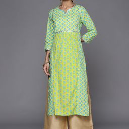 Varanga Women Green & Turquoise Blue Geometric Printed Cotton Gotta Patti Kurta-picture-44