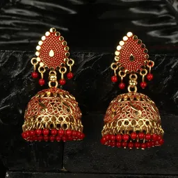 ANIKAS CREATION Red & Gold-Plated Teardrop Shaped Jhumkas-picture-21