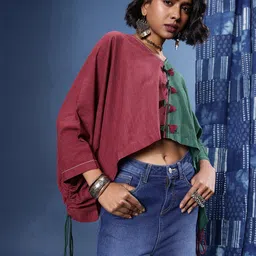 Taavi Colourblocked Batwing Sleeve Cotton Kaftan Woven Legacy Crop Top-image-58