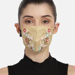 Anekaant Women Gold-Coloured & Red Faux Silk Embellished Fabric Reusable 3-Ply Mask-image-90