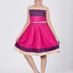 CACA CINA Girls Magenta & Purple Colourblocked Fit and Flare Dress-image-1