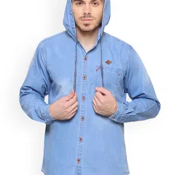 Kuons Avenue Men Blue Contemporary Slim Fit Faded Hooded Casual Shirt-picture-37