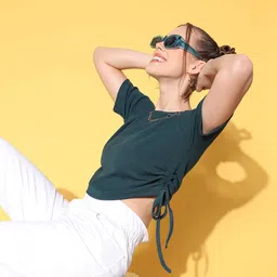 plusS Teal Solid Fluid Tie-Up Top-image-26