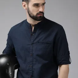 The Roadster Lifestyle Co. Men Navy Blue Solid Cotton Linen Roll-Up Sleeves Casual Shirt-image-33