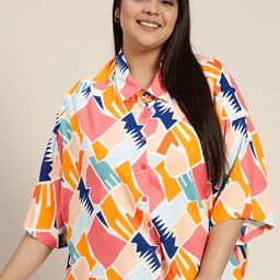 Sztori Women Plus Size Mustard Yellow & White Printed Casual Shirt-picture-49