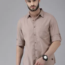 Roadster Men Beige Solid Casual Cotton Shirt-image-4