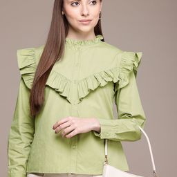 French Connection Mandarin Collar Cuffed Sleeves Pure Cotton Shirt Style Top-picture-34