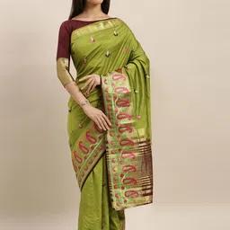 MIMOSA Lime Green & Brown Art Silk Embroidered Kanjeevaram Saree-image-26